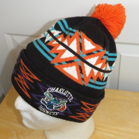 NBA Charlotte Hornets Mitchell & Ness Adult Pom Knit Toboggan Aztec Pattern AOP - Picture 2 of 5